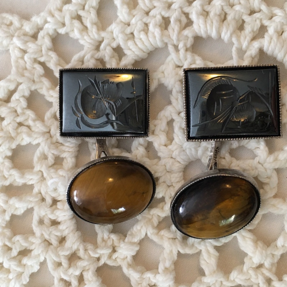Vintage Antique STERLING HEMATITE TROJAN INTAGLIO & tiger eye CUFFLINKS